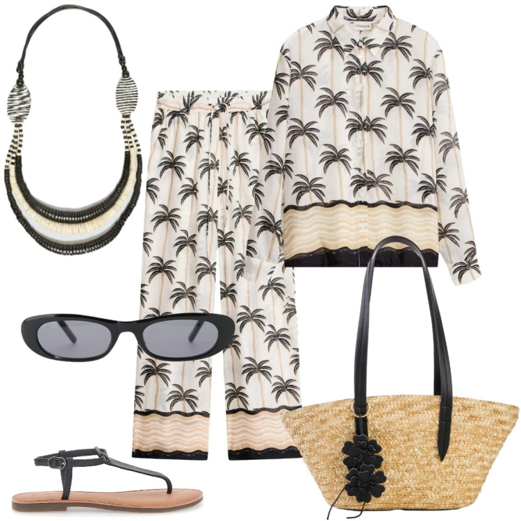 Outfit donna - Il completo pantalone. Stile Trendy per Tutti i giorni. Abbinamento con camicie, shopping bag, pantaloni a palazzo, occhiali da sole, collane, infradito.