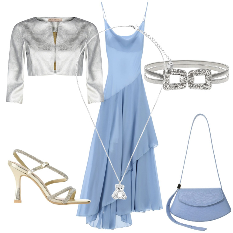 Outfit donna - Serata. Stile Chic per Serata fuori. Abbinamento con vestiti lunghi, borse a spalla, sandali col tacco, ciondoli, bolero, cinture.