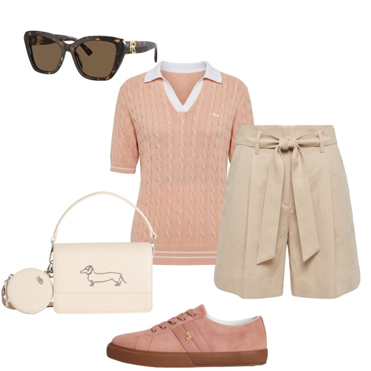 Outfit donna - Casual chic mediterraneo. Stile Casual chic per Tutti i giorni. Abbinamento con bermuda, polo, borse a tracolla, occhiali da sole, sneakers.