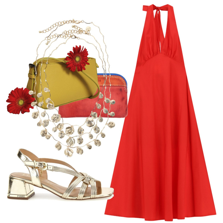 Outfit donna - Ogni occasione. Stile Chic per Tutti i giorni. Abbinamento con vestiti midi/longuette, borse a spalla, collane, portachiavi, sandali in pelle.