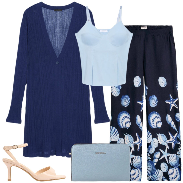 Outfit donna - Total look #2416499. Stile Chic per Serata fuori. Abbinamento con sandali col tacco, pantaloni a palazzo, canottiere, borse a tracolla, blazer.