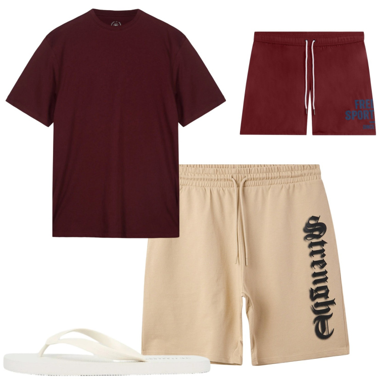 Outfit uomo - Total look #2416508. Stile Casual per Mare. Abbinamento con bermuda, sandali, costumi, t-shirt.