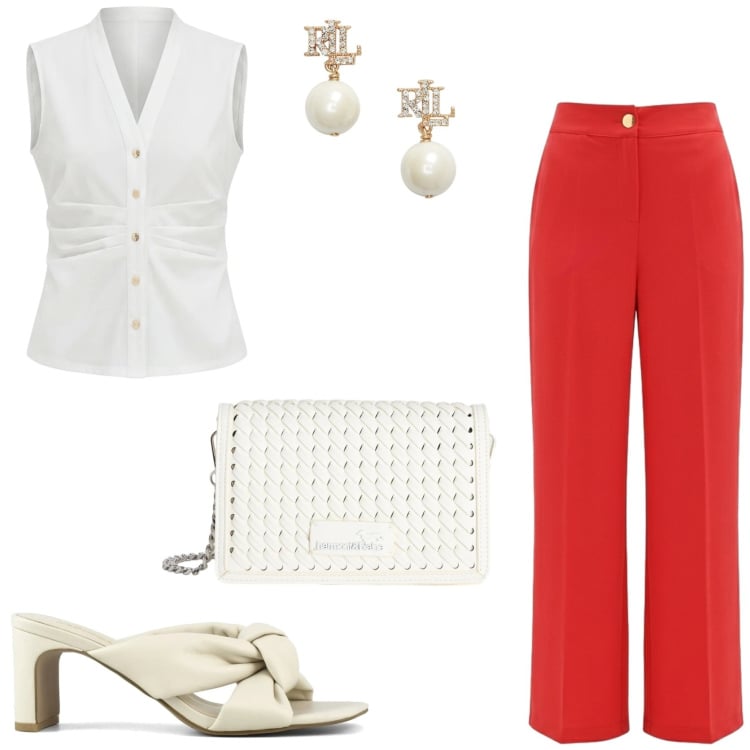 Outfit donna - Grintosa in ufficio. Stile Chic per Ufficio. Abbinamento con pantaloni, camicie a manica corta, borse a tracolla, orecchini, sandali col tacco.
