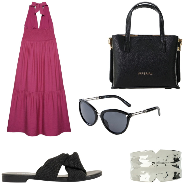 Outfit donna - In città. Stile Boho per Tutti i giorni. Abbinamento con occhiali da sole, ciabatte, vestiti lunghi, borse a tracolla, braccialetti.