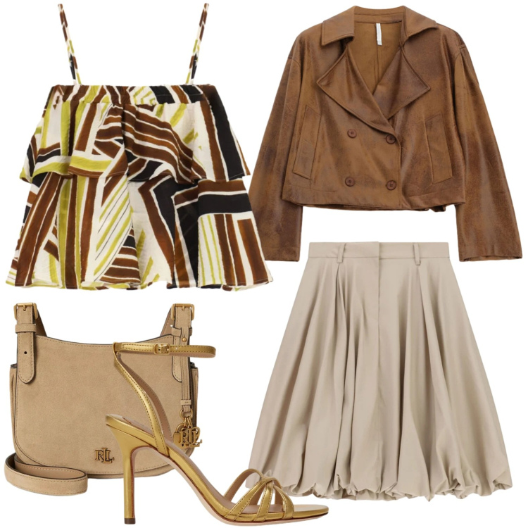 Outfit donna - Less Straps, More Style. Stile Chic per Serata fuori. Abbinamento con giacche, gonne longuette, top, sandali in pelle, borse a tracolla.