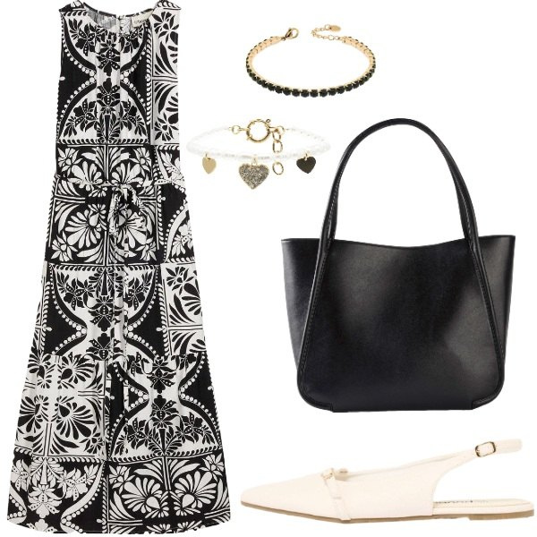 Outfit donna - Black and white. Stile Casual chic per Ufficio. Abbinamento con shopping bag, vestiti midi/longuette, ballerine, braccialetti, braccialetti.