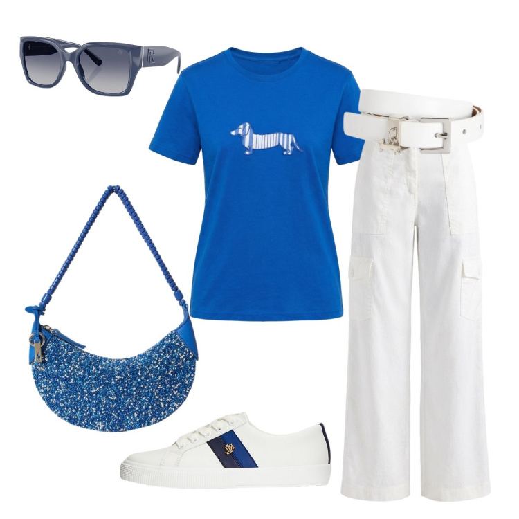 Outfit donna - Blu …mare. Stile Casual chic per Tutti i giorni. Abbinamento con cinture, t-shirt, pantaloni cargo, sneakers, occhiali da sole, borse a spalla.