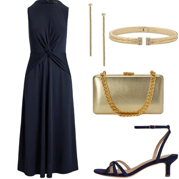 Outfit donna - chic e sexy. Stile Sexy per Serata fuori. Abbinamento con sandali col tacco, clutch, orecchini, braccialetti, vestiti senza maniche.