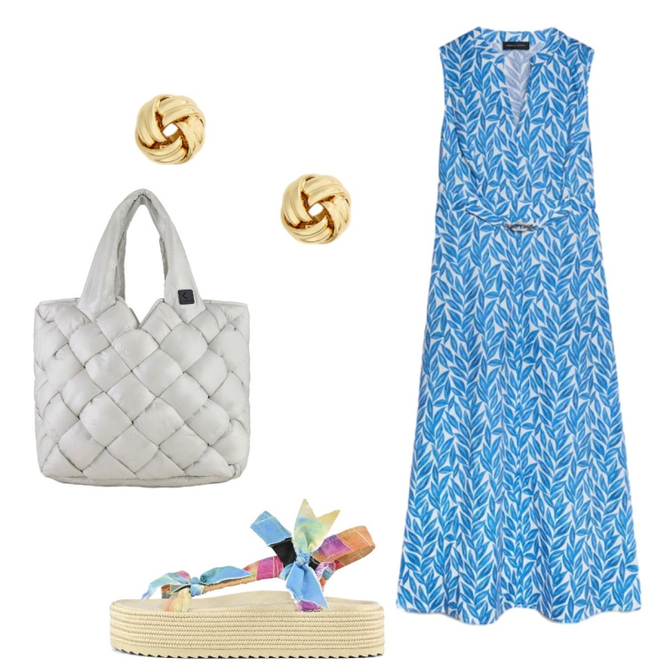 Outfit donna - Comfort e femminilità. Stile Bon Ton per Tutti i giorni. Abbinamento con vestiti lunghi, orecchini, borse tote, sandali.