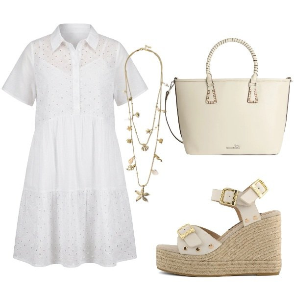 Outfit donna - Abito sangallo. Stile Boho per Tutti i giorni. Abbinamento con collane, shopping bag, vestiti corti, zeppe.