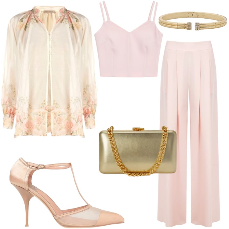 Outfit donna - Eleganza da protagonista. Stile Chic per Cerimonia. Abbinamento con décolleté, bluse, pantaloni a palazzo, top, clutch, braccialetti.