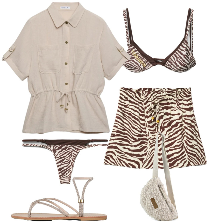 Outfit donna - Beach. Stile Casual per Mare. Abbinamento con camicie a manica corta, shorts, sandali, bikini, bikini, marsupi.