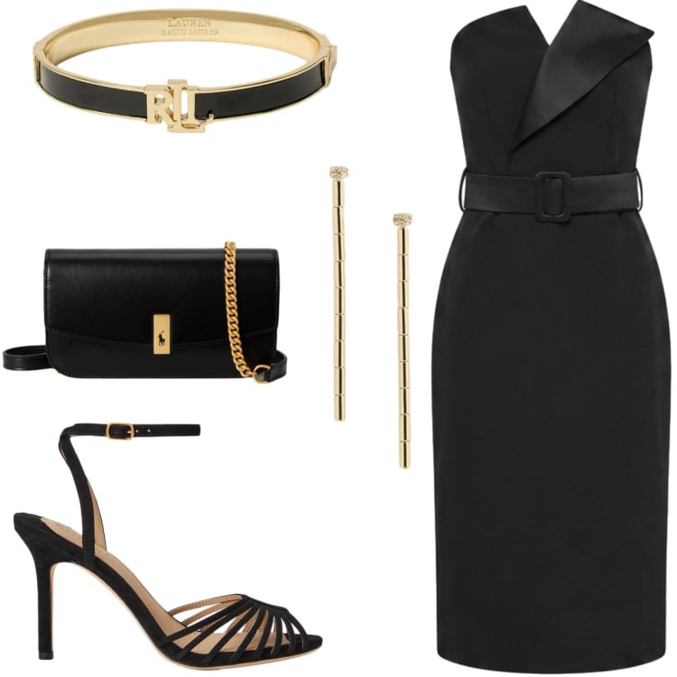 Outfit donna - Eleganza da protagonista. Stile Chic per Serata fuori. Abbinamento con vestiti asimmetrici, clutch, braccialetti, sandali col tacco, orecchini.