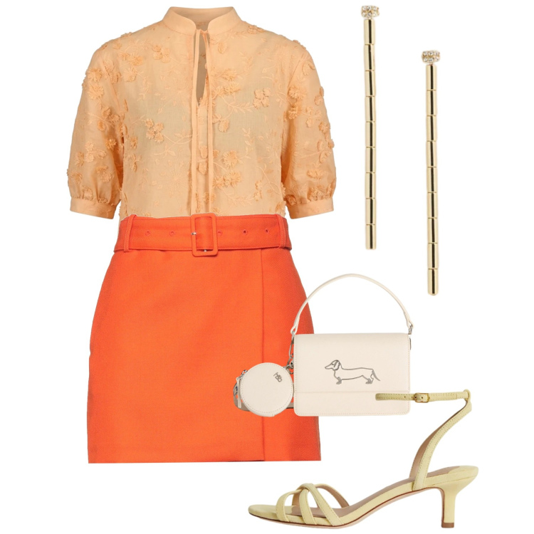 Outfit donna - Orange mood. Stile Chic per Cerimonia. Abbinamento con minigonne, borse a tracolla, bluse, sandali col tacco, orecchini.