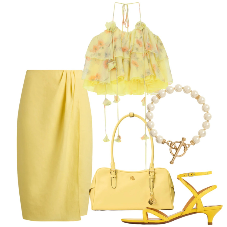 Outfit donna - Giallo raffinato. Stile Chic per Cerimonia. Abbinamento con top, sandali col tacco, borse a mano, gonne, collane.