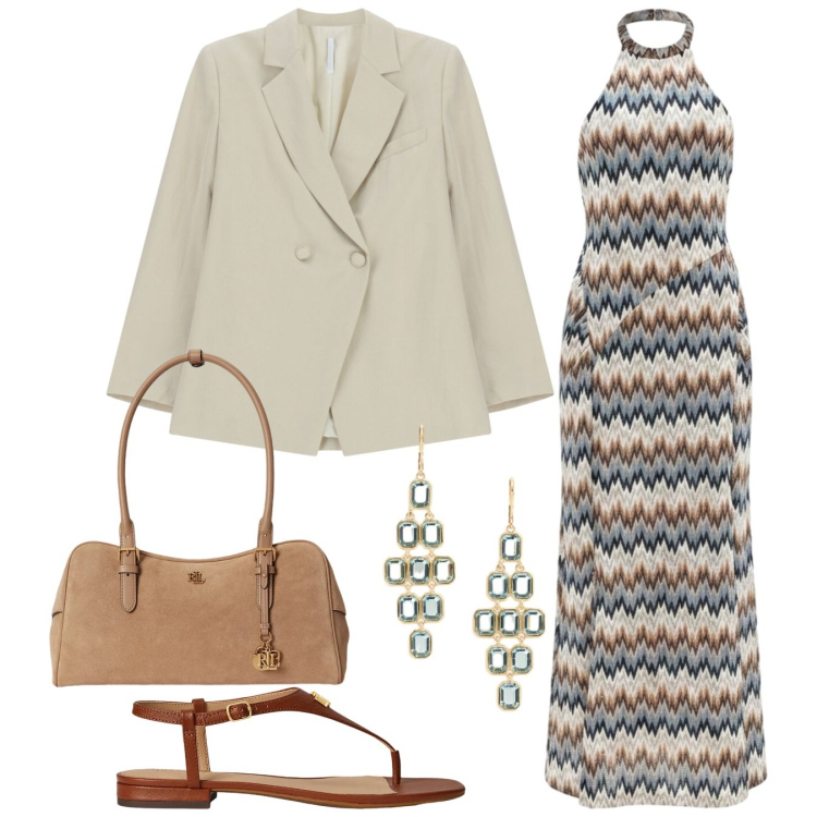 Outfit donna - Chevron chic. Stile Chic per Serata fuori. Abbinamento con vestiti lunghi, blazer, sandali in pelle, borse a mano, orecchini.