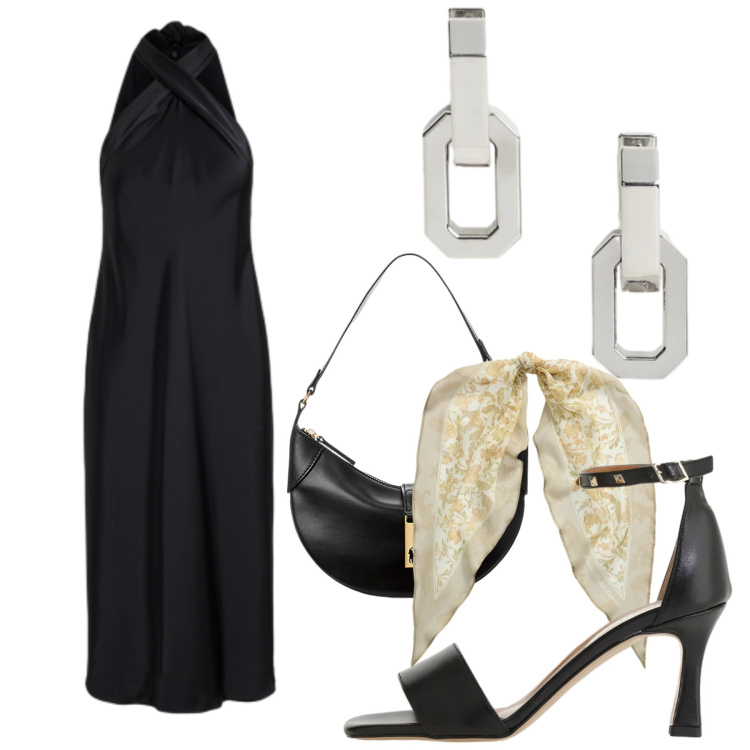 Outfit donna - Evento serale. Stile Chic per Serata fuori. Abbinamento con sandali col tacco, borse a spalla, orecchini, foulard, vestiti.