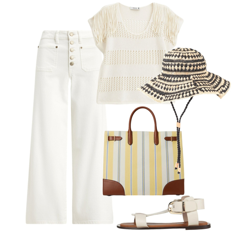 Outfit donna - Giugno in bianco. Stile Casual per Tutti i giorni. Abbinamento con sandali alla schiava, cappelli, top, jeans, borse tote.