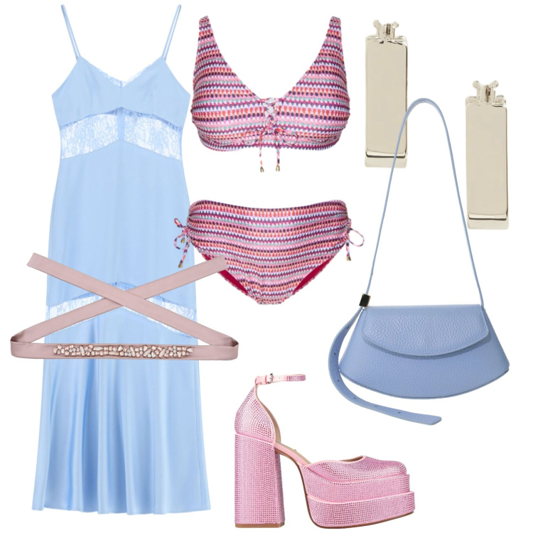 Outfit donna - Festa con piscina. Stile Glamour per Serata fuori. Abbinamento con décolleté, cinture, vestiti lunghi, borse a spalla, bikini, orecchini.