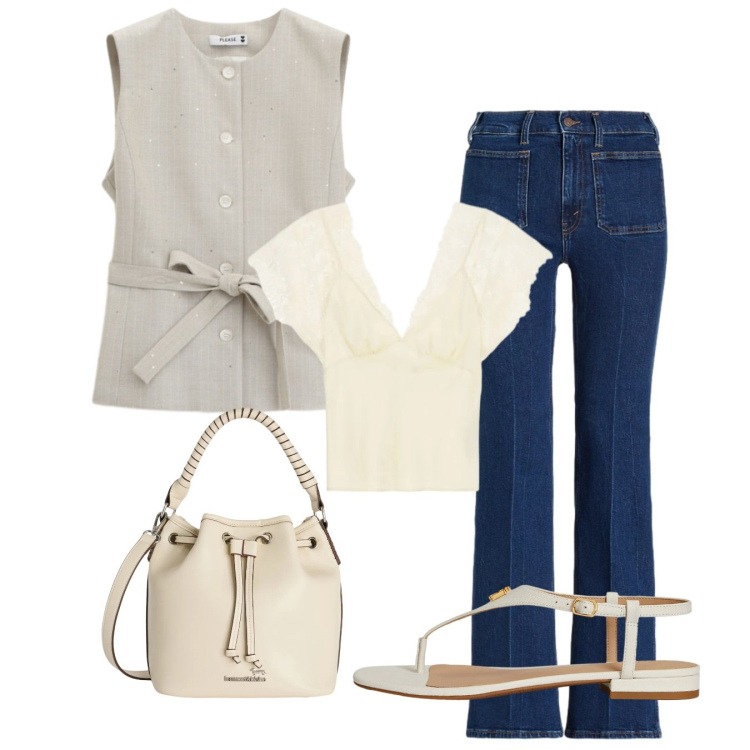 Outfit donna - In jeans. Stile Casual chic per Tutti i giorni. Abbinamento con canottiere, borse a secchiello, gilet, sandali in pelle, jeans bootcut.