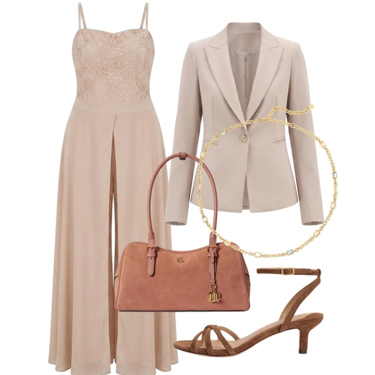 Outfit donna - Jumpsuit da cerimonia. Stile Chic per Tutti i giorni. Abbinamento con tute, blazer, sandali col tacco, borse a mano, collane.