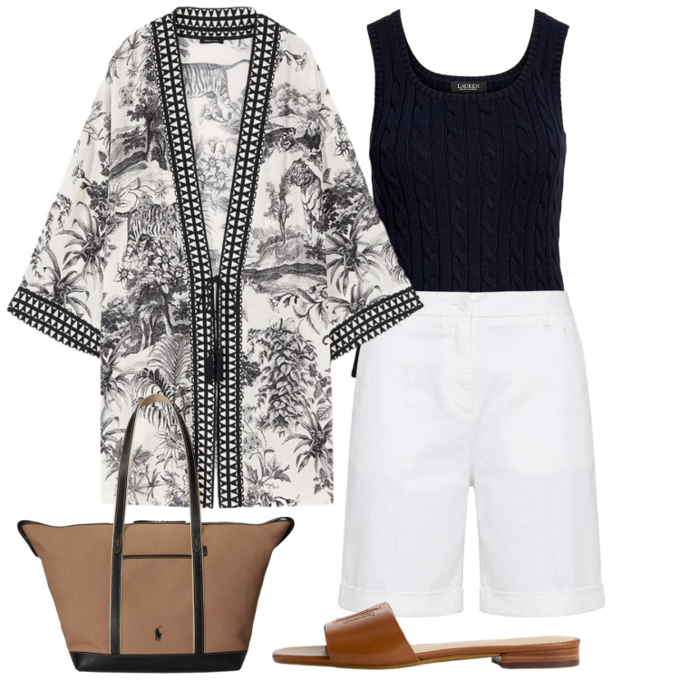 Outfit donna - Kimono. Stile Trendy per Tutti i giorni. Abbinamento con bermuda, caftani, maglieria, ciabatte, borse tote.