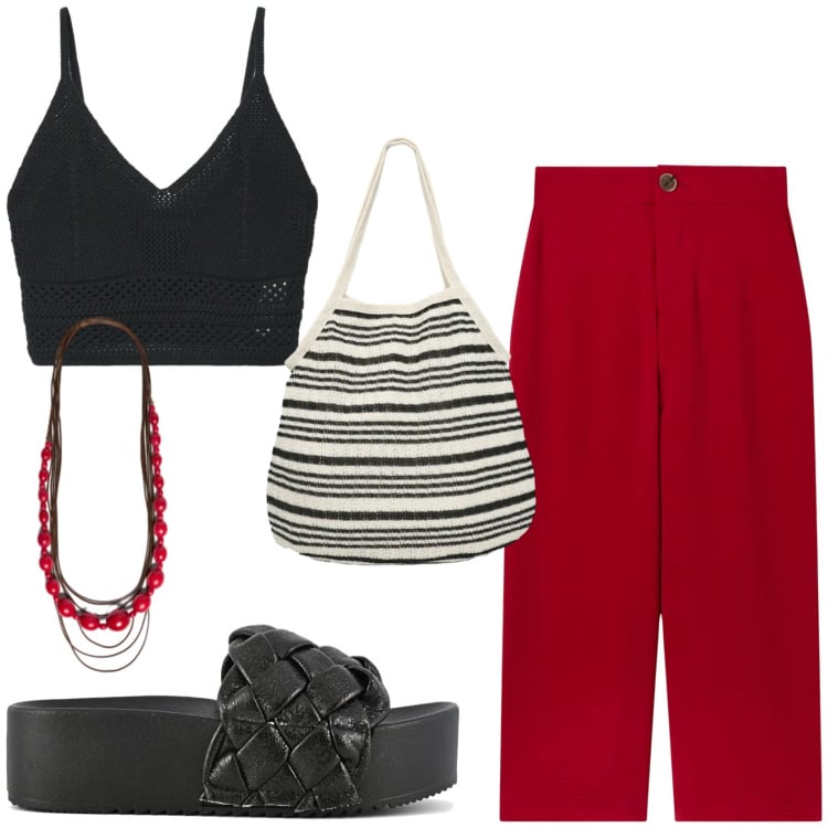 Outfit donna - Comoda e fresca in città. Stile Casual per Tutti i giorni. Abbinamento con shopping bag, top, pantaloni a palazzo, collane, sandali.