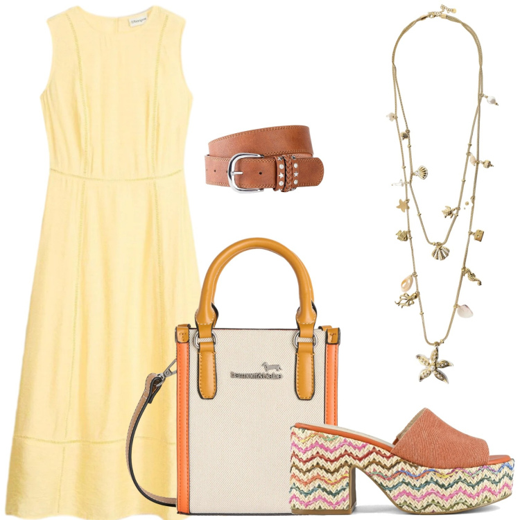 Outfit donna - Abito giallo!. Stile Casual chic per Serata fuori. Abbinamento con cinture, vestiti midi/longuette, collane, borse tote, sandali.
