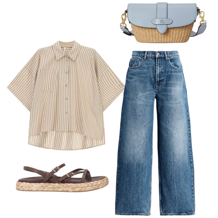 Outfit donna - Dinamicity ty. Stile Casual per Tutti i giorni. Abbinamento con infradito, camicie a manica corta, jeans, borse a spalla.