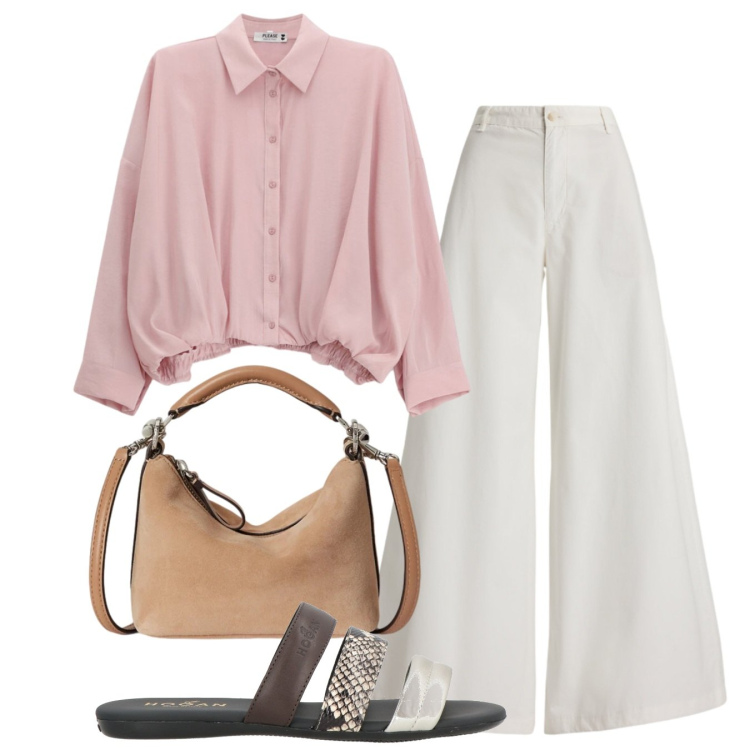 Outfit donna - Semplice. Stile Bon Ton per Tutti i giorni. Abbinamento con sandali in pelle, camicie, borse a spalla, pantaloni.