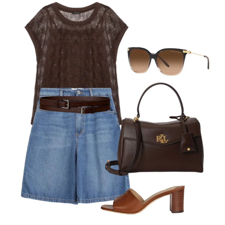Outfit donna - Denim e cioccolato. Stile Casual chic per Tutti i giorni. Abbinamento con bermuda, t-shirt, occhiali da sole, cinture, sandali in pelle, borse a mano.