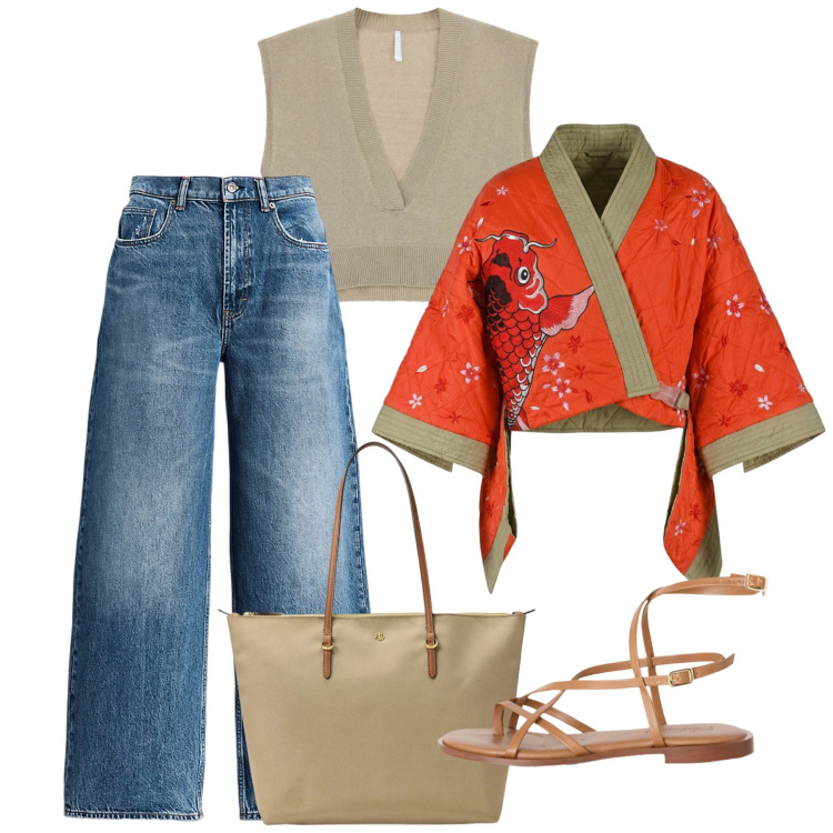 Outfit donna - Japan mood. Stile Casual chic per Tutti i giorni. Abbinamento con top, sandali in pelle, jeans, borse tote, kimono.