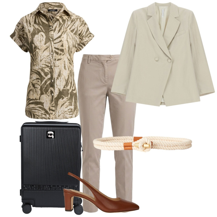 Outfit donna - Viaggio. Stile Casual per Tutti i giorni. Abbinamento con valigie, blazer, pantaloni, décolleté, cinture, camicie a manica corta.