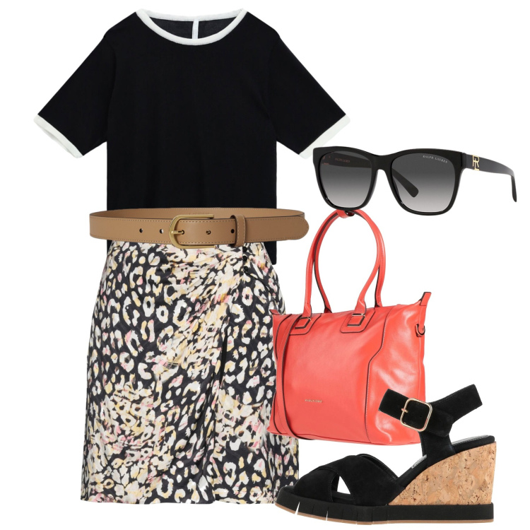 Outfit donna - Raffinato quotidiano. Stile Chic per Ufficio. Abbinamento con minigonne, zaini, sandali in pelle, t-shirt, occhiali da sole, cinture.