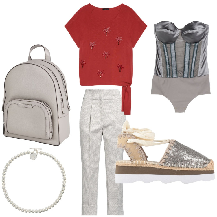 Outfit donna - Colori d’estate. Stile Glamour per Tutti i giorni. Abbinamento con pantaloni, body, zaini, décolleté, top, collane.