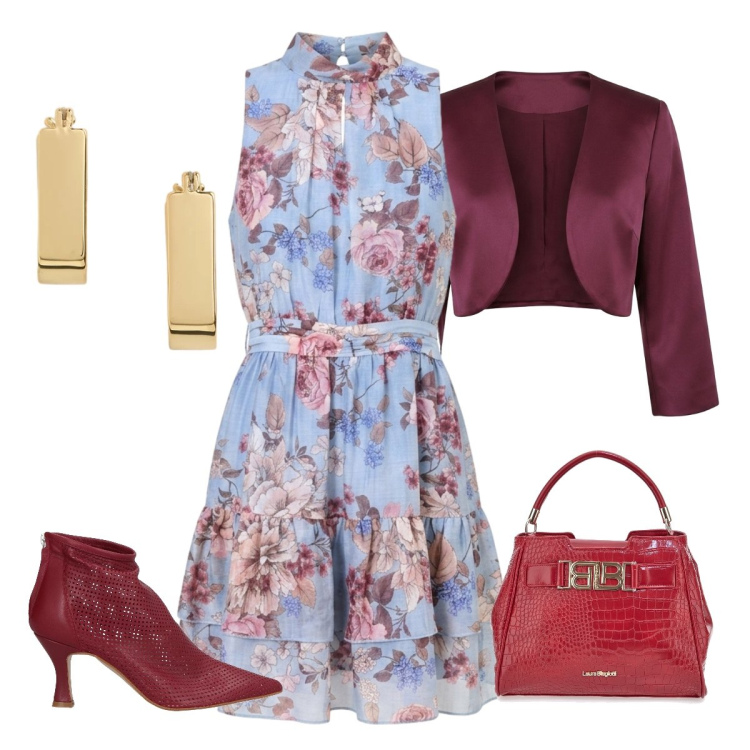 Outfit donna - Abito fluido. Stile Romantica per Cerimonia. Abbinamento con stivaletti, vestiti corti, bolero, orecchini, borse a mano.