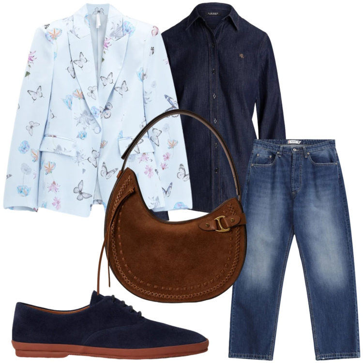 Outfit donna - Stampa farfalle. Stile Glamour per Tutti i giorni. Abbinamento con blazer, jeans dritti, borse a spalla, camicie, sneakers.