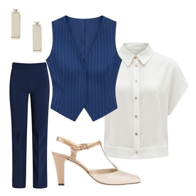 Outfit donna - Completo sofisticato. Stile Mannish per Ufficio. Abbinamento con décolleté, pantaloni, gilet, camicie a manica corta, orecchini.