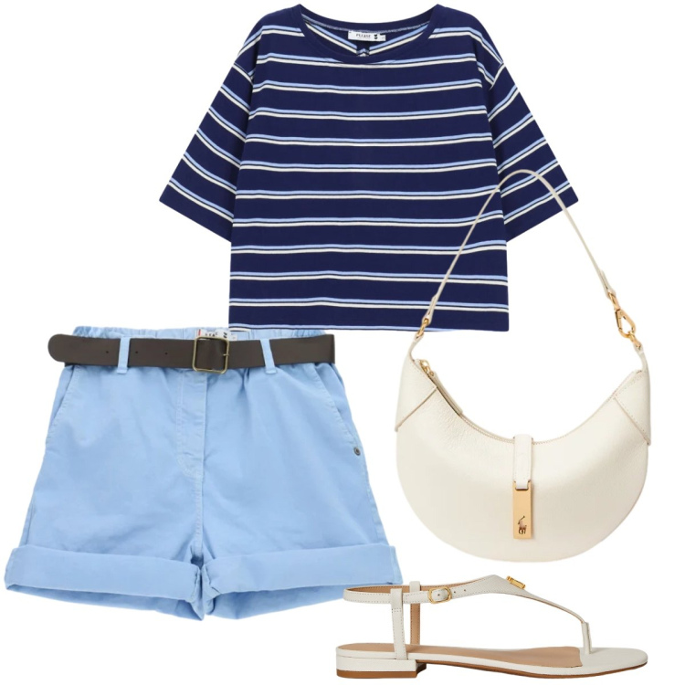 Outfit donna - The summer is magic. Stile Basic per Tutti i giorni. Abbinamento con top, shorts, sandali in pelle, borse a spalla.