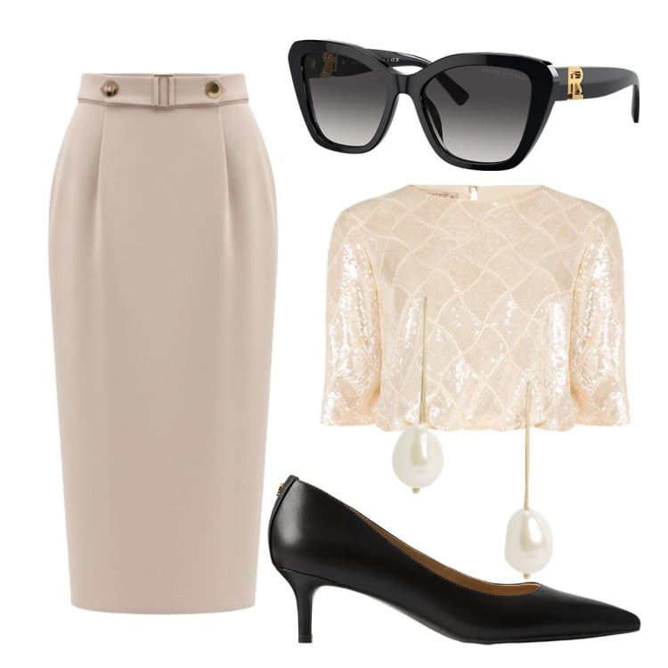 Outfit donna - Gonna midi. Stile Chic per Cerimonia. Abbinamento con gonne longuette, top, occhiali da sole, décolleté, orecchini.