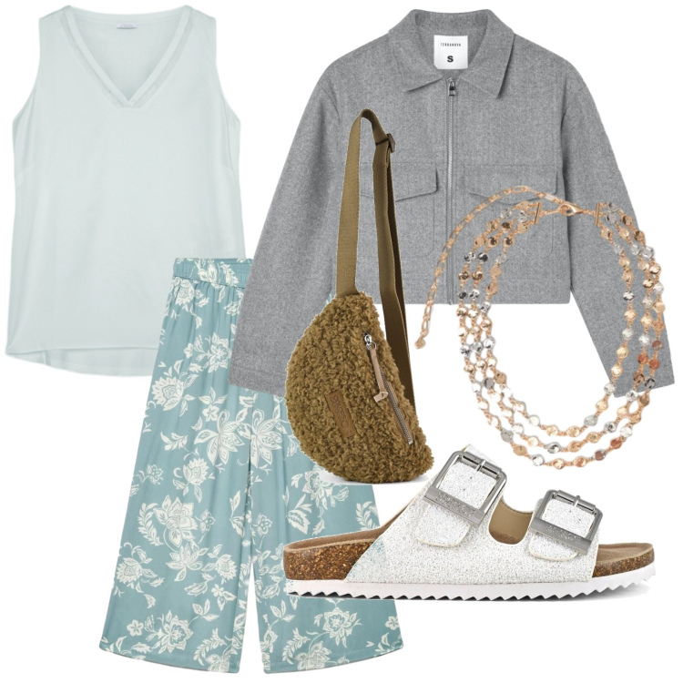Outfit donna - Stampa distintiva. Stile Casual per Tutti i giorni. Abbinamento con pantaloni a palazzo, blazer, collane, top, marsupi, sandali.