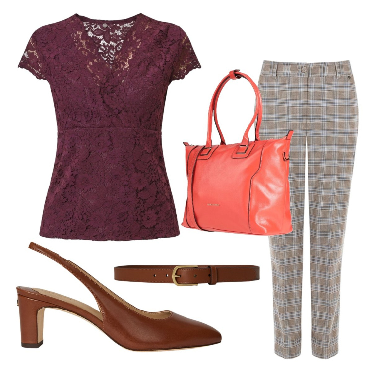 Outfit donna - Eleganza da protagonista. Stile Romantica per Tutti i giorni. Abbinamento con zaini, pantaloni, top, décolleté, cinture.