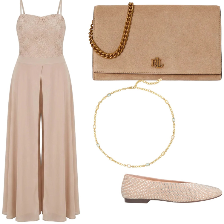 Outfit donna - Calde sere d \' estate. Stile Chic per Serata fuori. Abbinamento con ballerine, tute, borse a tracolla, collane.