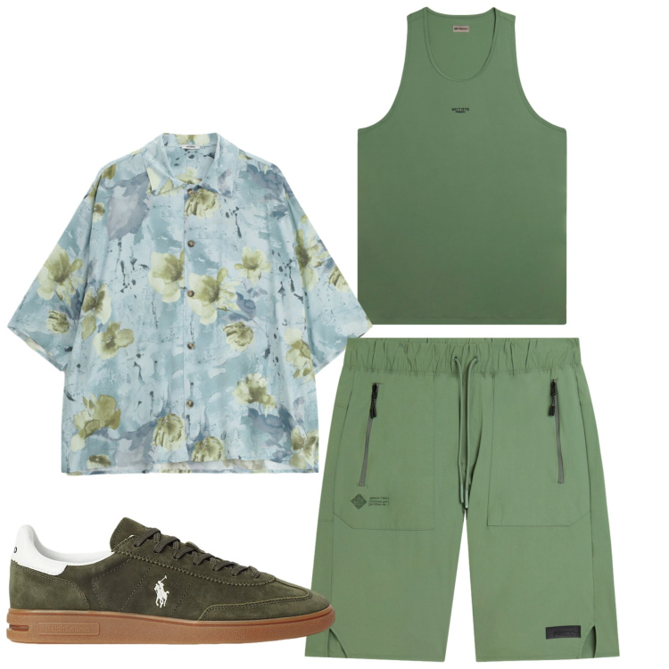 Outfit uomo - Verde estate. Stile Casual per Tutti i giorni. Abbinamento con camicie a manica corta, bermuda, canottiere, sneakers.