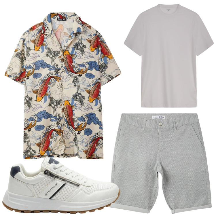 Outfit uomo - Mr. Grey. Stile Casual per Tutti i giorni. Abbinamento con sneakers, pantaloni corti, camicie a manica corta, t-shirt.