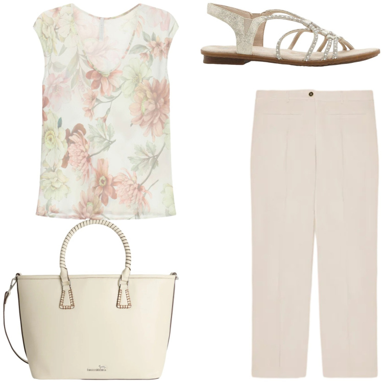 Outfit donna - Fresca e leggera. Stile Romantica per Tutti i giorni. Abbinamento con sandali, top, shopping bag, pantaloni.