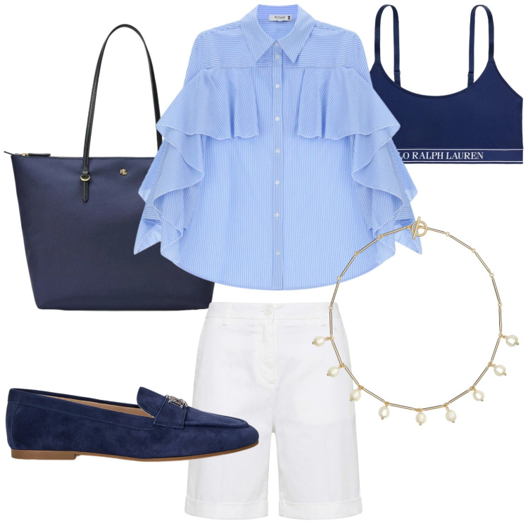 Outfit donna - Delicati volant. Stile Chic per Tutti i giorni. Abbinamento con bermuda, camicie, mocassini, reggiseni, borse tote, collane.