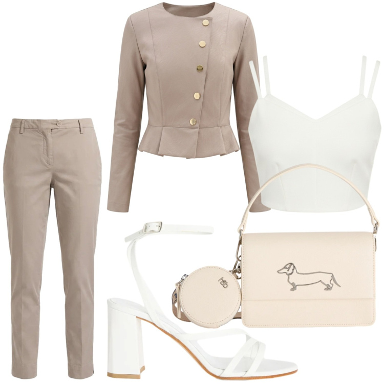 Outfit donna - Giacca tortora. Stile Chic per Ufficio. Abbinamento con giacche, top, sandali in pelle, borse a tracolla, pantaloni.