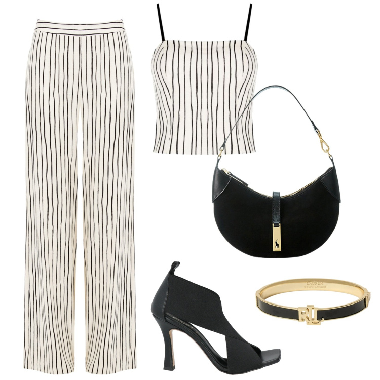 Outfit donna - Righe di Lino. Stile Casual chic per Serata fuori. Abbinamento con sandali in pelle, pantaloni a palazzo, canottiere, borse a spalla, braccialetti.