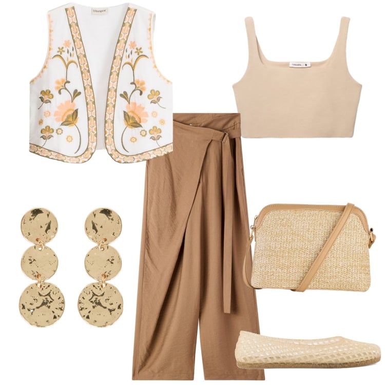 Outfit donna - Lino etnico. Stile Boho per Tutti i giorni. Abbinamento con gilet, borse a tracolla, pantaloni, canottiere, orecchini, ballerine.